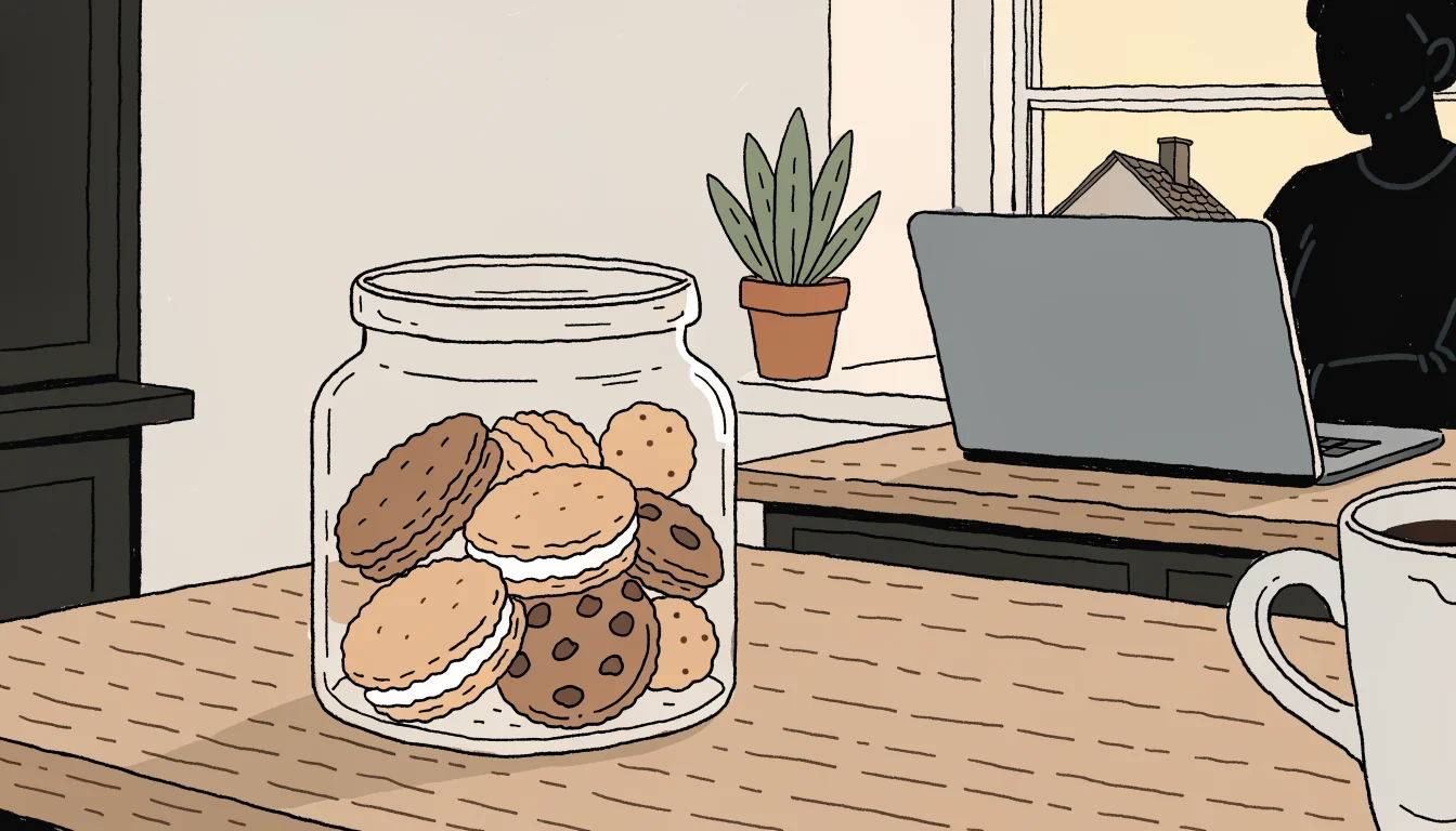 Glazen pot met koekjes op een houten keukenblad, laptop op de achtergrond, warm ochtendlicht.
