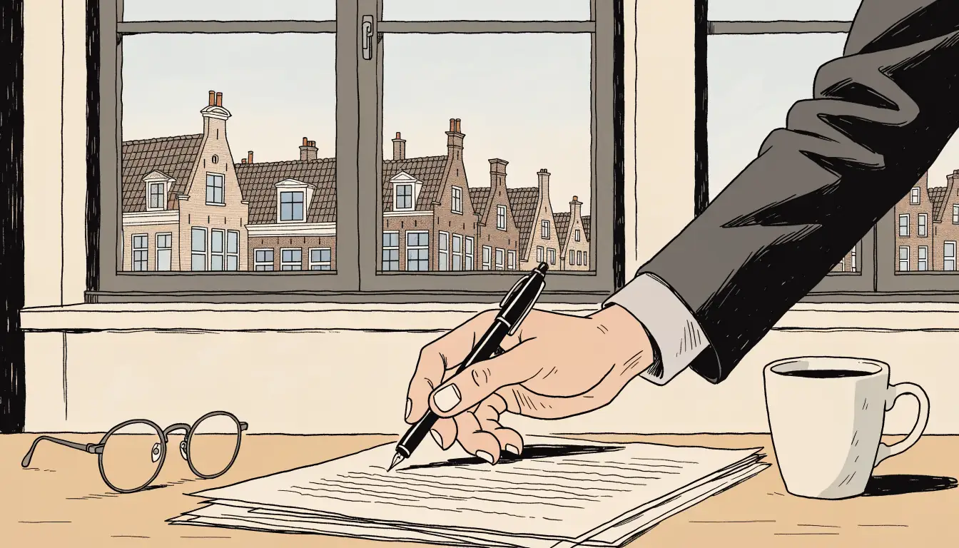Een stapel papieren en een pen op een bureau in een kantoor met daglicht