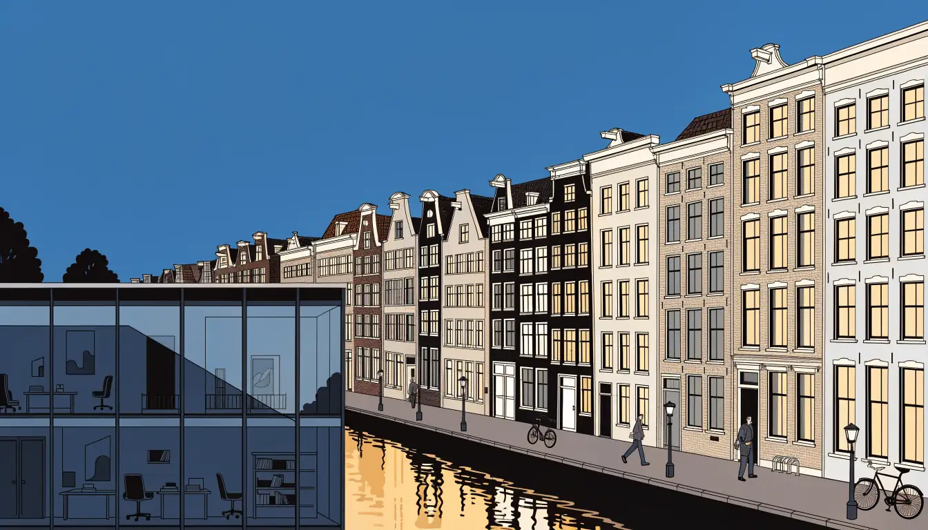 Avondlijke skyline van Amsterdam met grachtenpanden en een modern overheidsgebouw.