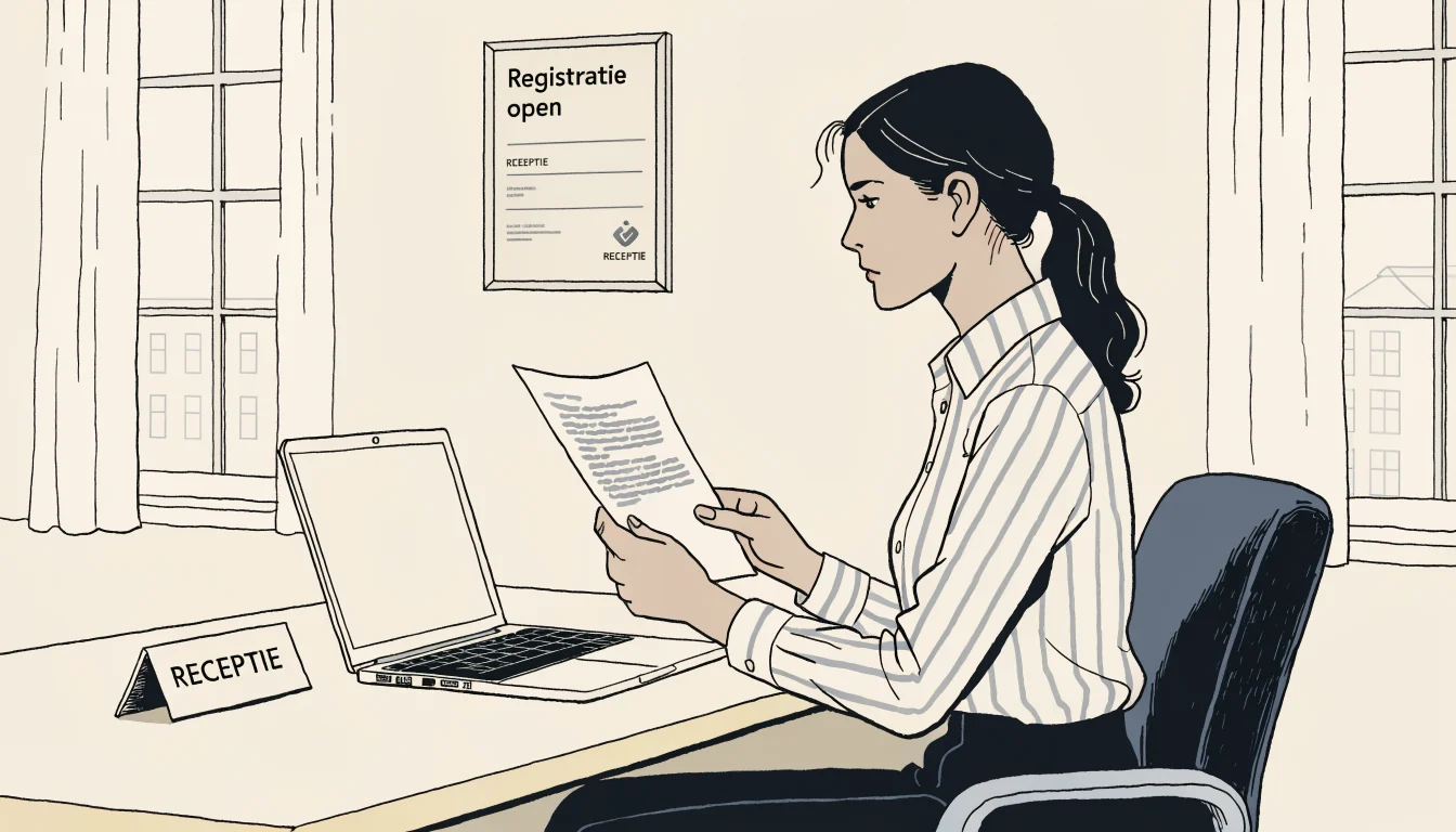 Medewerker aan een bureau controleert documenten in een kantoor.
