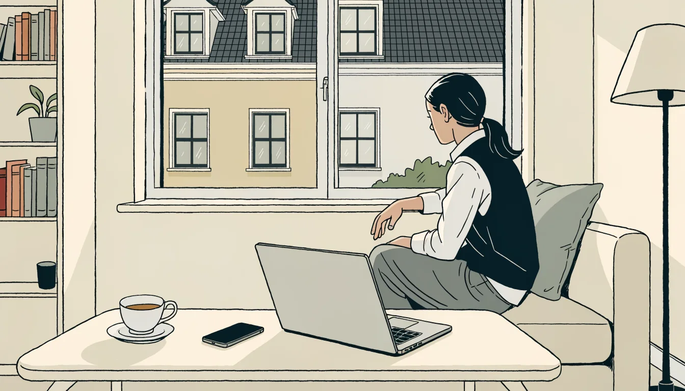 Jongvolwassene in een lichte woonkamer met een dichtgeklapte laptop.
