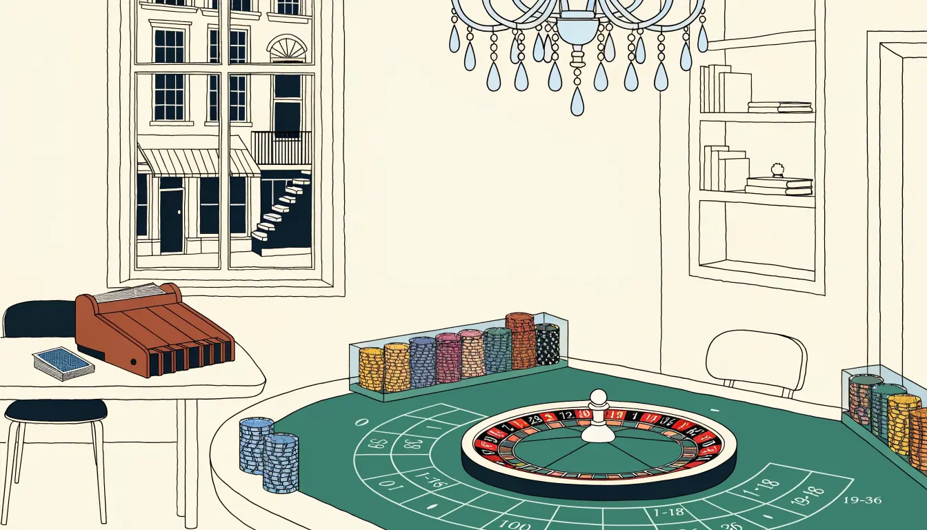 Casinozaal met roulettetafel en gestapelde fiches onder een kroonluchter.