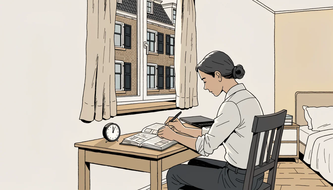 Persoon schrijft in een planner aan een bureau met gesloten laptop.