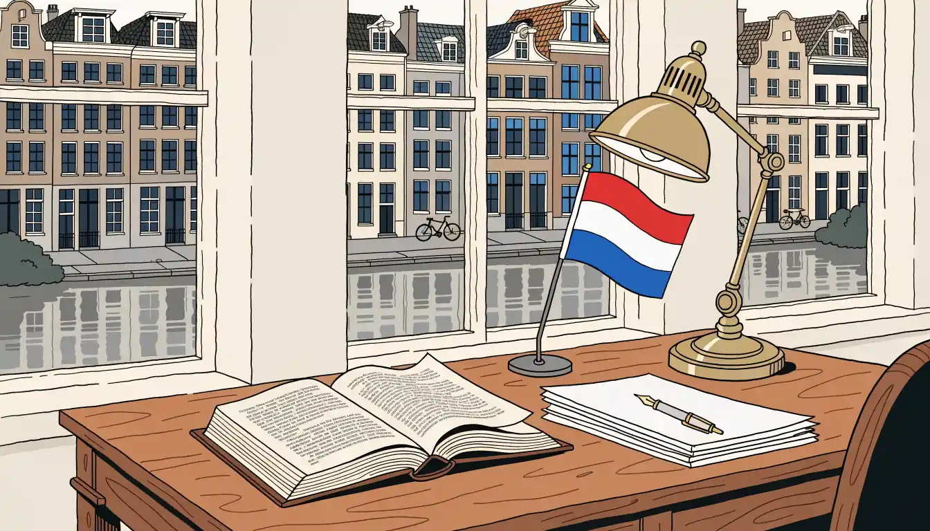 Houten bureau met juridisch boek en uitzicht op een Amsterdamse gracht