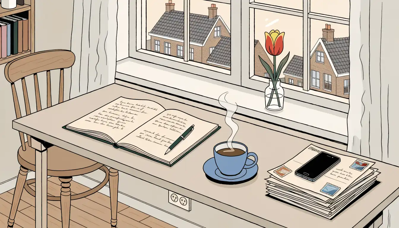 Bureau met notitieboek en tulp voor het raam