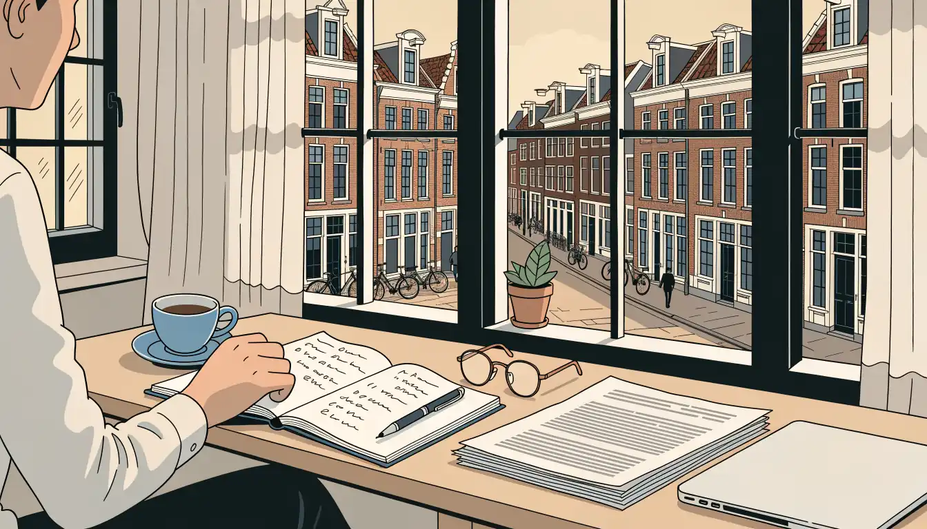 Houten bureau met notitieboek, pen en documenten in een licht Amsterdams grachtenpand
