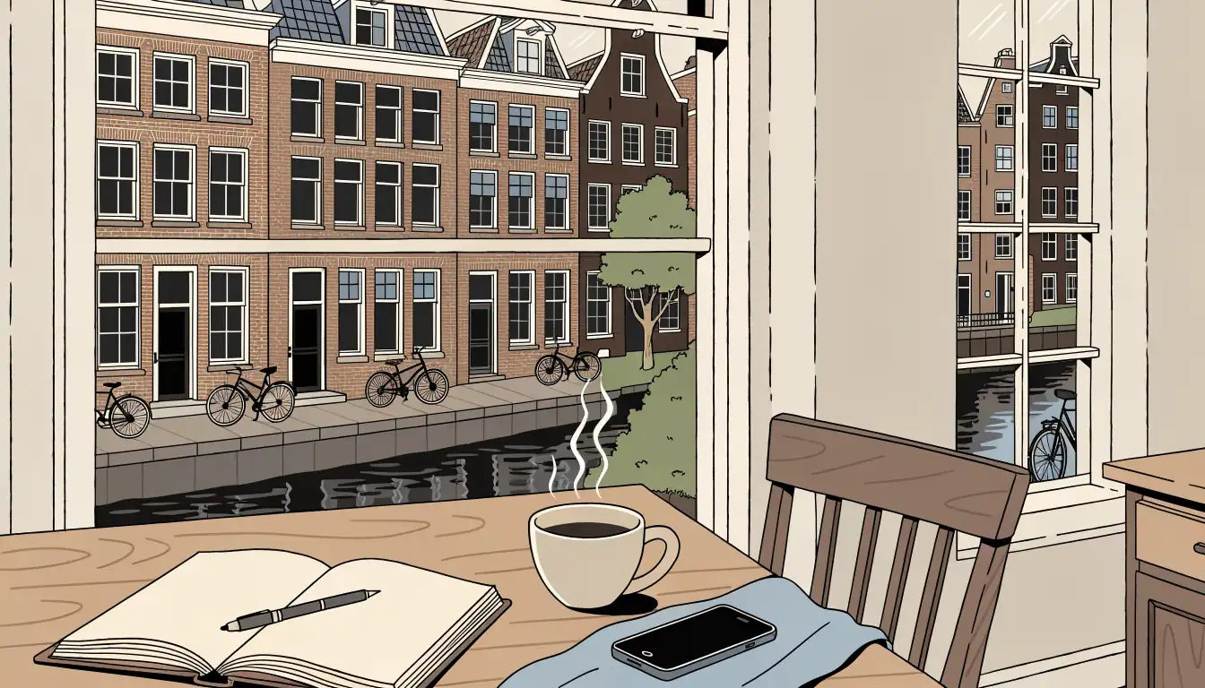 Rustig Nederlands interieur met notitieboek en telefoon weggekeerd op tafel, kanaalgezicht door het raam.